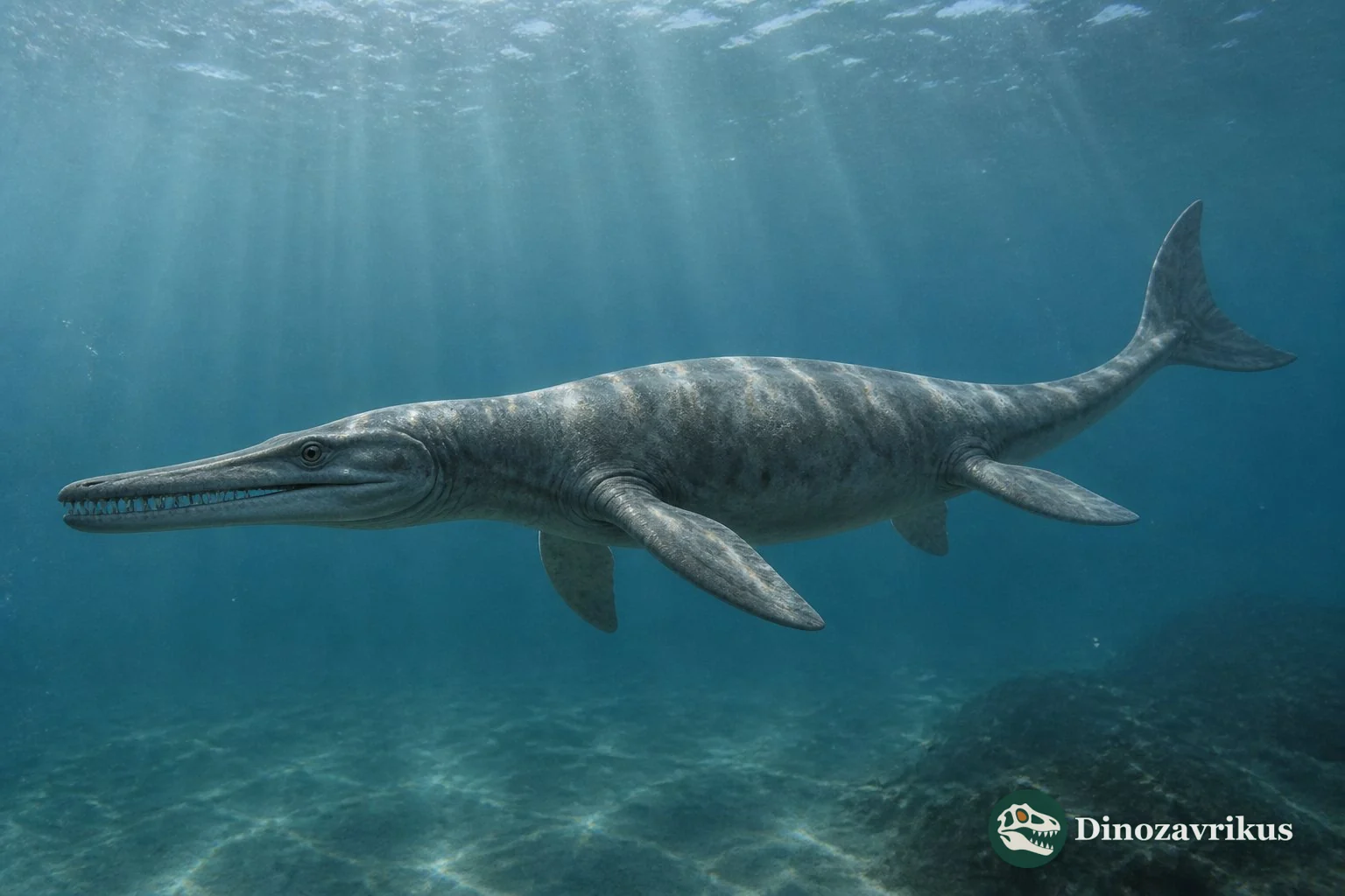 Cricosaurus swimming through a Jurassic sea, with its tail fluke visible