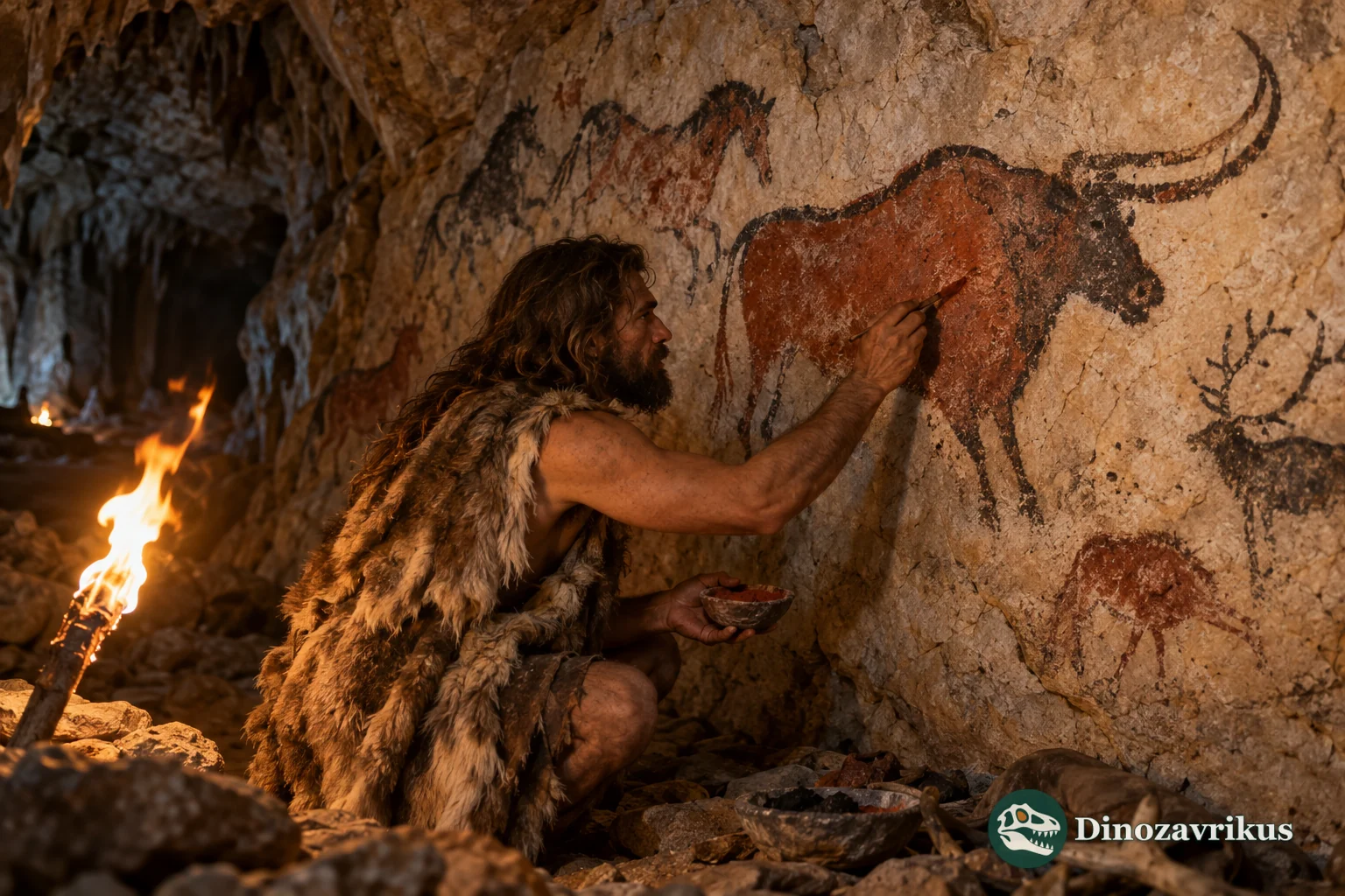 An early modern human artist paints an animal on a cave wall by lamplight