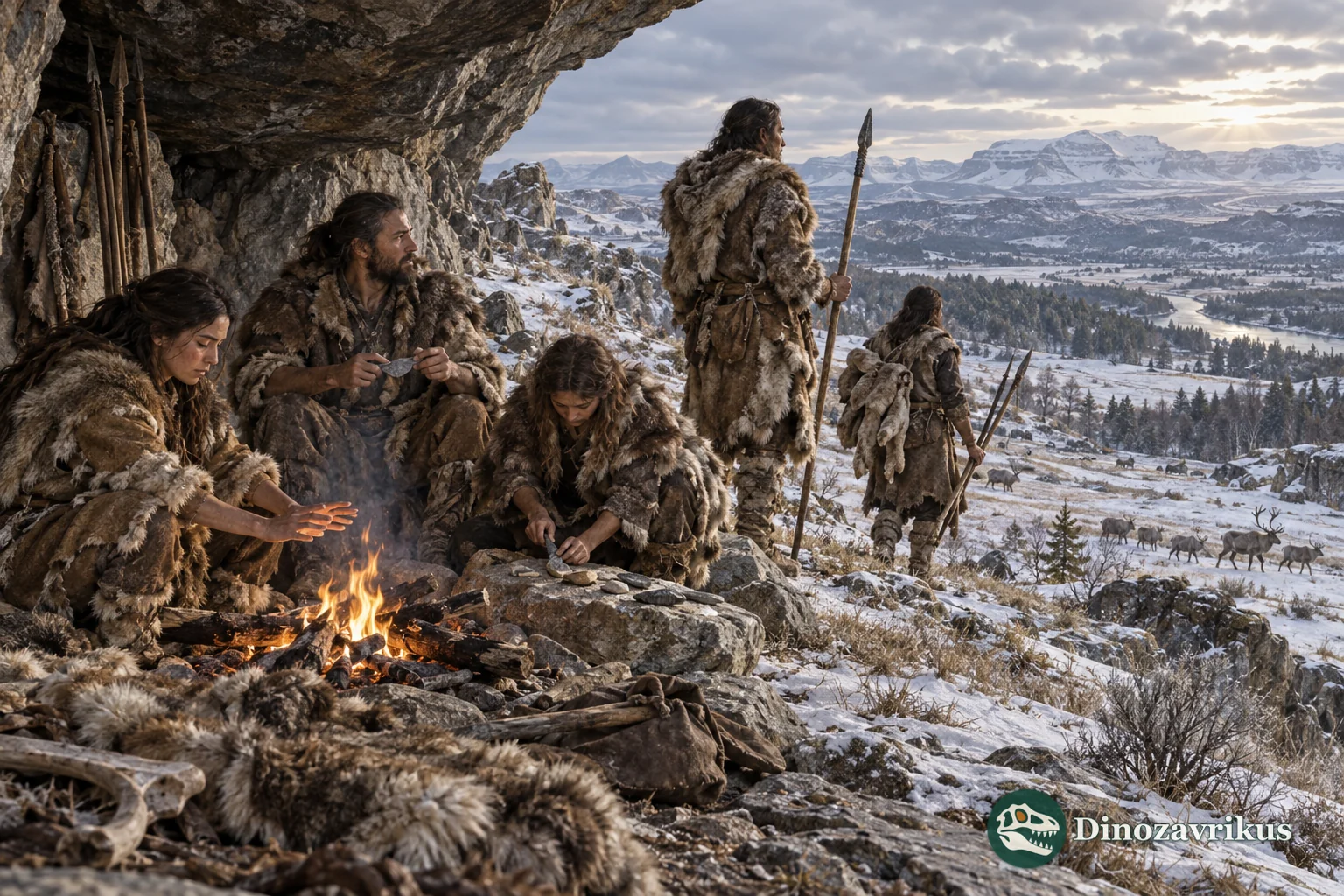 A group of early Homo sapiens sheltering beside a European rock overhang during the Upper Palaeolithic