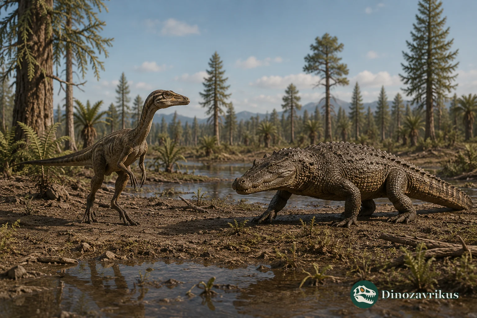 A Triassic crocodile-line archosaur beside the skeleton of a later marine crocodylomorph