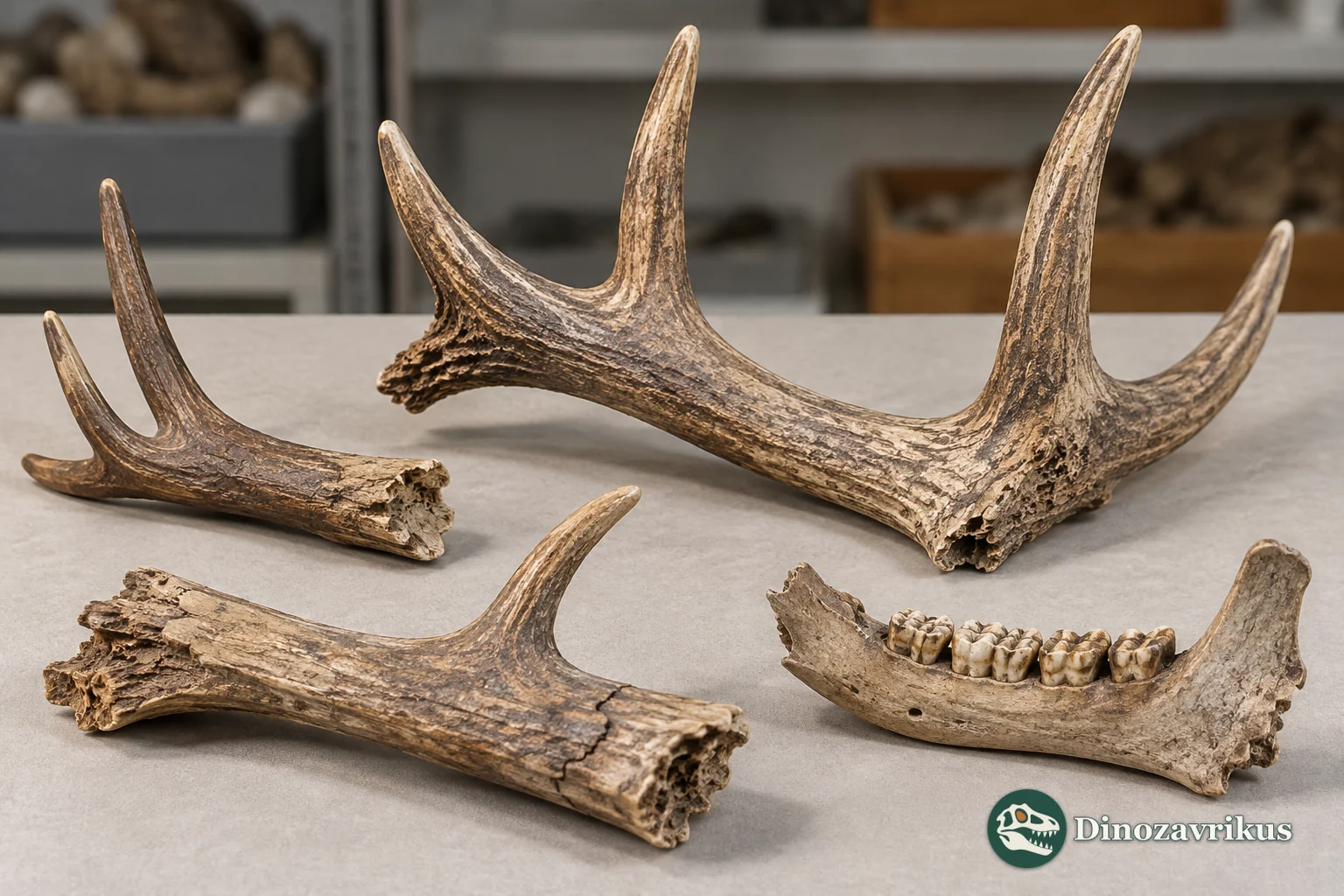 Illustrative fossil deer antler fragments and jaw on a study table