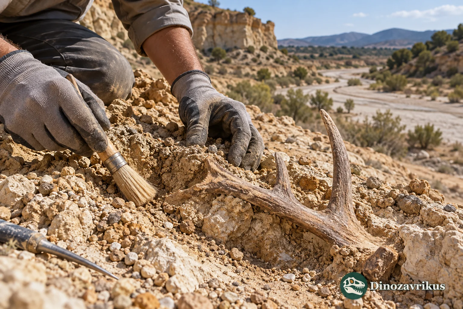 Illustrative antler fragment being exposed in river-basin sediment