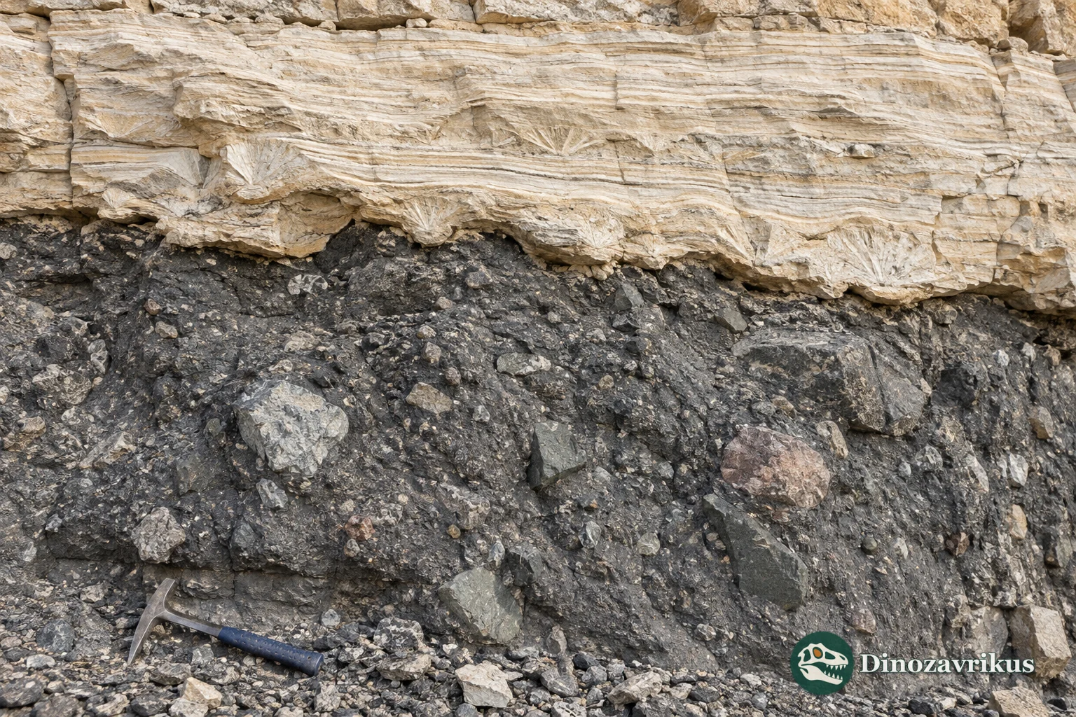 Pale cap carbonate resting above dark Marinoan diamictite