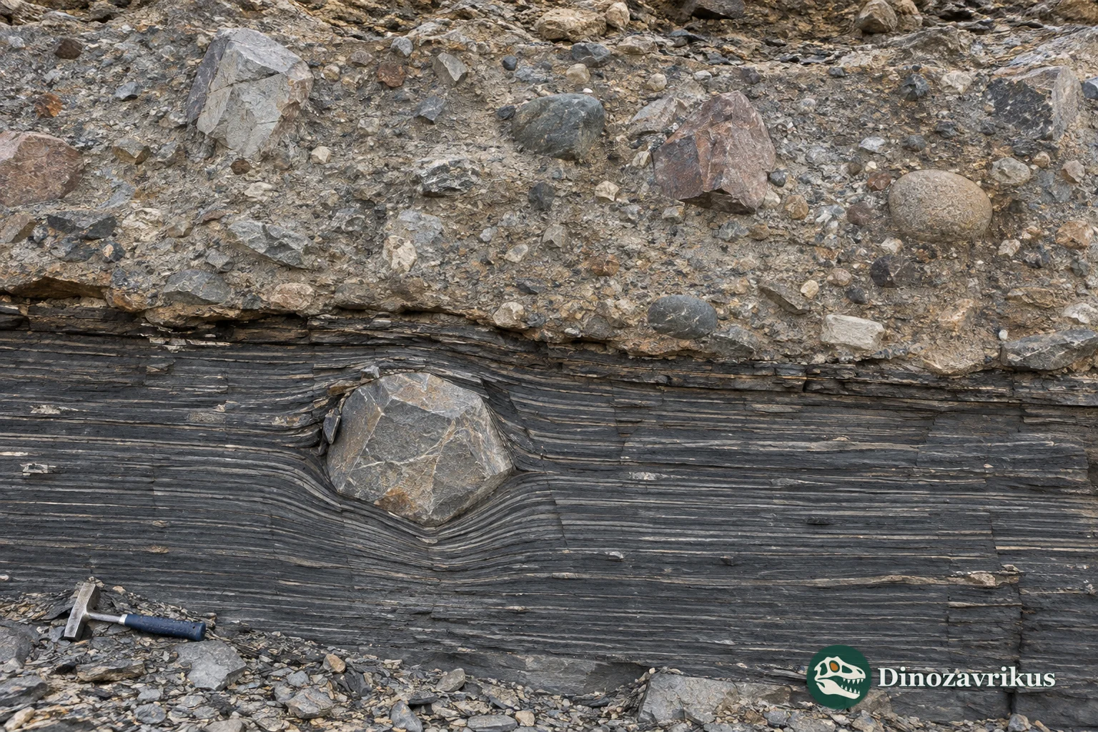 Layered Cryogenian marine sediment with a dropstone beneath diamictite