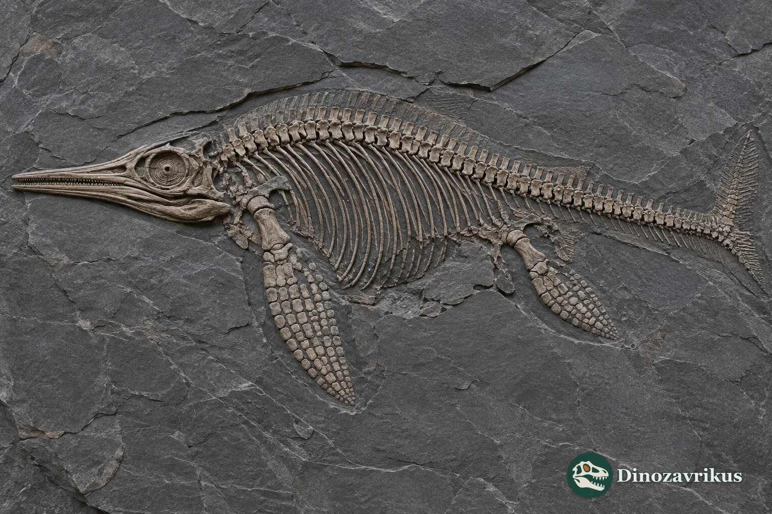 Composite illustration of an articulated ichthyosaur skeleton in shale