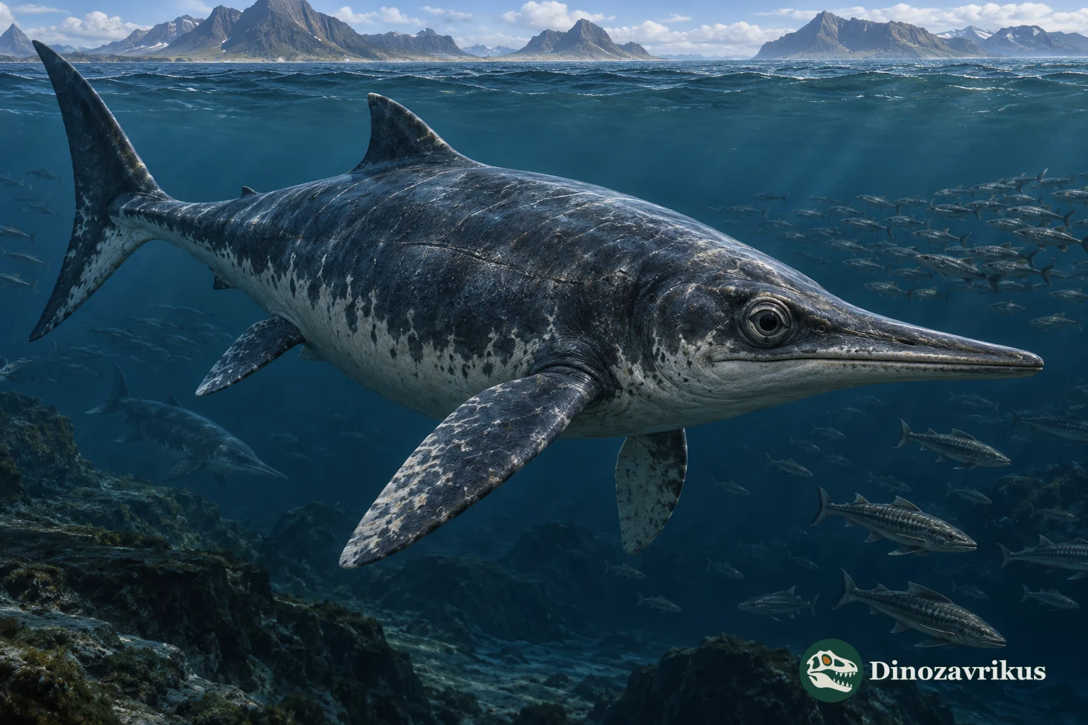 Artistic reconstruction of a Late Jurassic ichthyosaur in a high-latitude sea