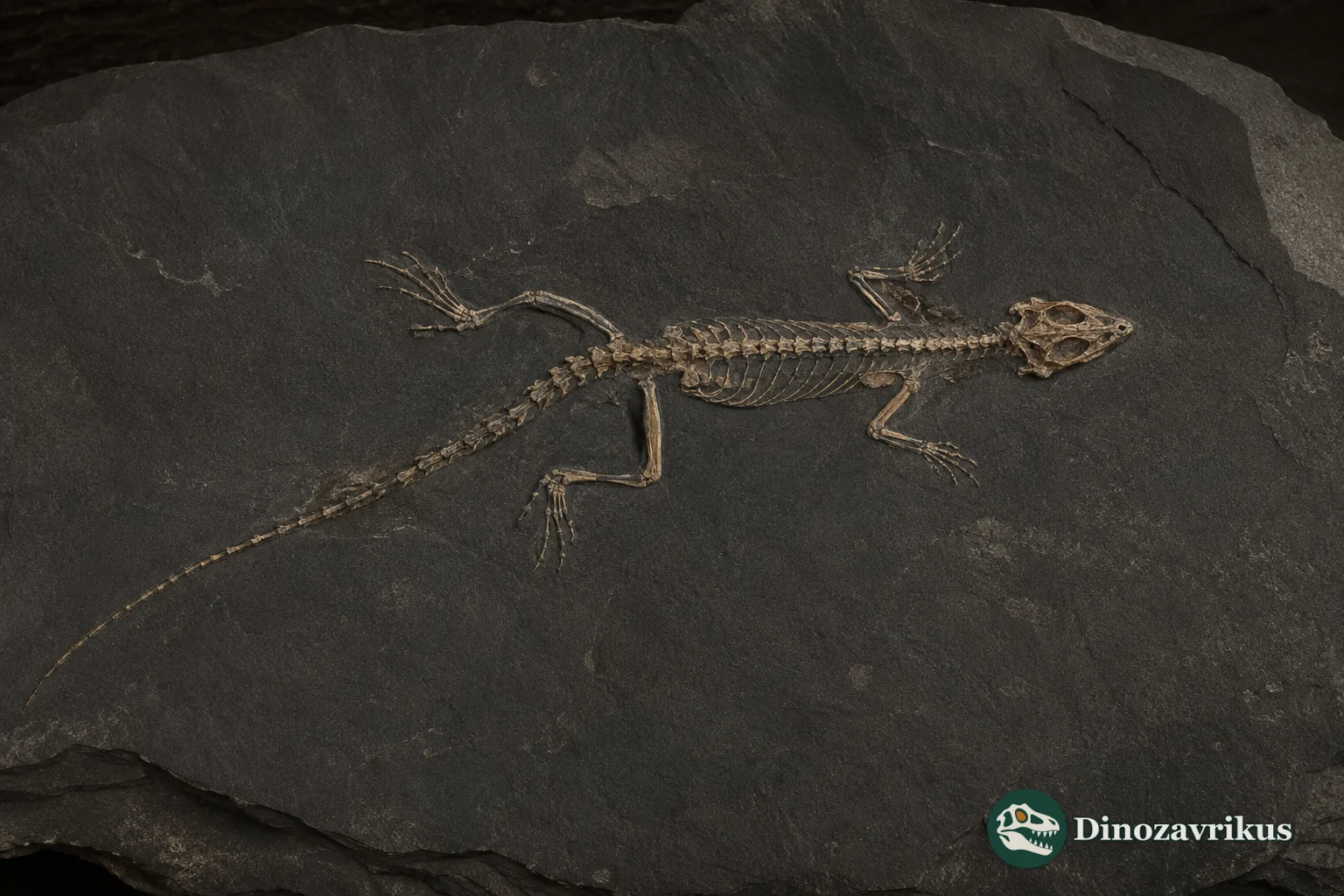 Nearly complete Cryptolacerta hassiaca skeleton preserved on a dark Messel shale slab