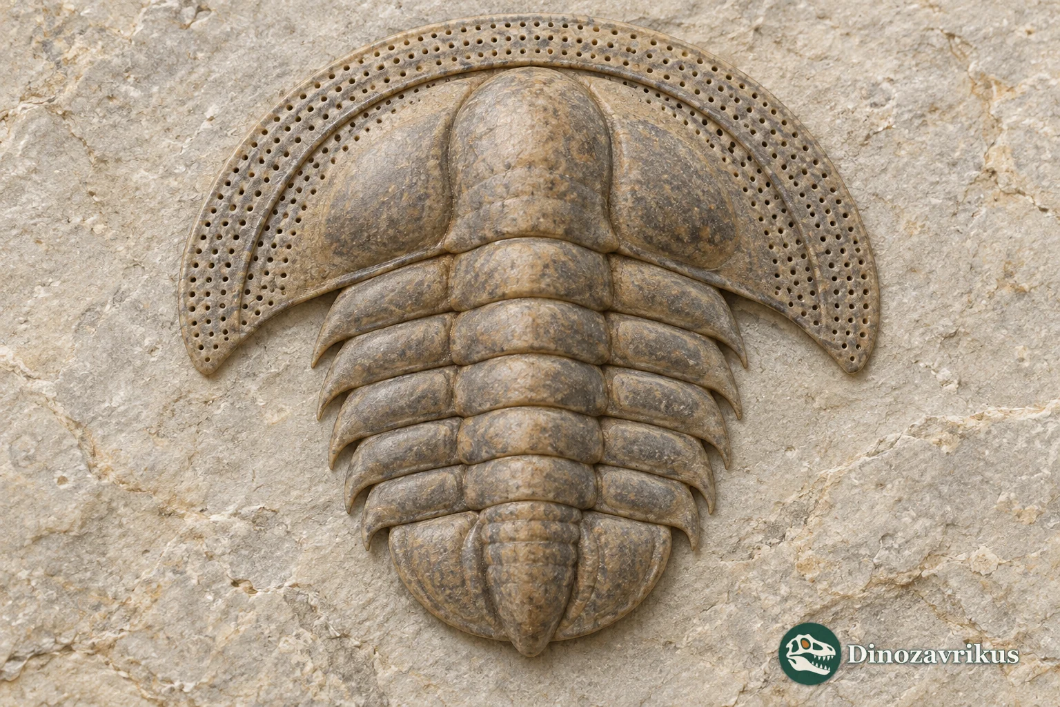 Cryptolithus trilobite seen from above with a wide perforated fringe around its head shield