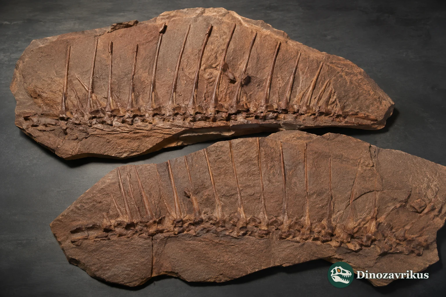 Fossil slabs with the elongated vertebral spines of Ctenosauriscus koeneni