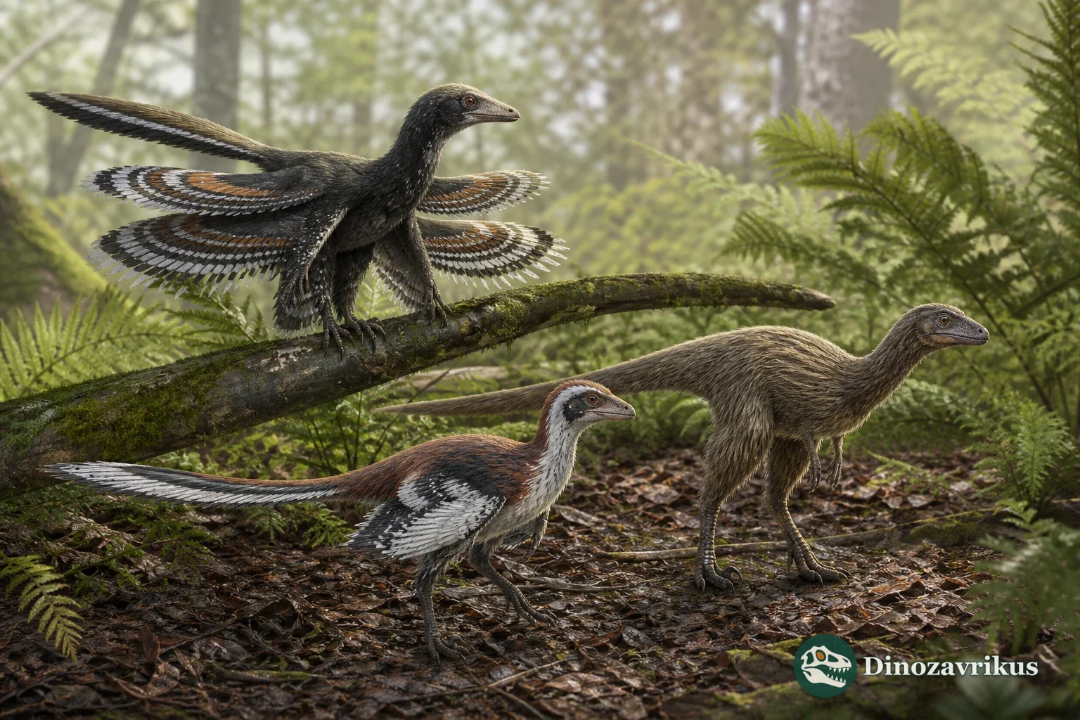 Three small feathered dinosaurs shown in a forest setting