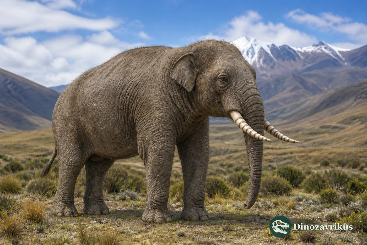 Reconstruction of Cuvieronius with spiral-banded tusks in an Andean landscape