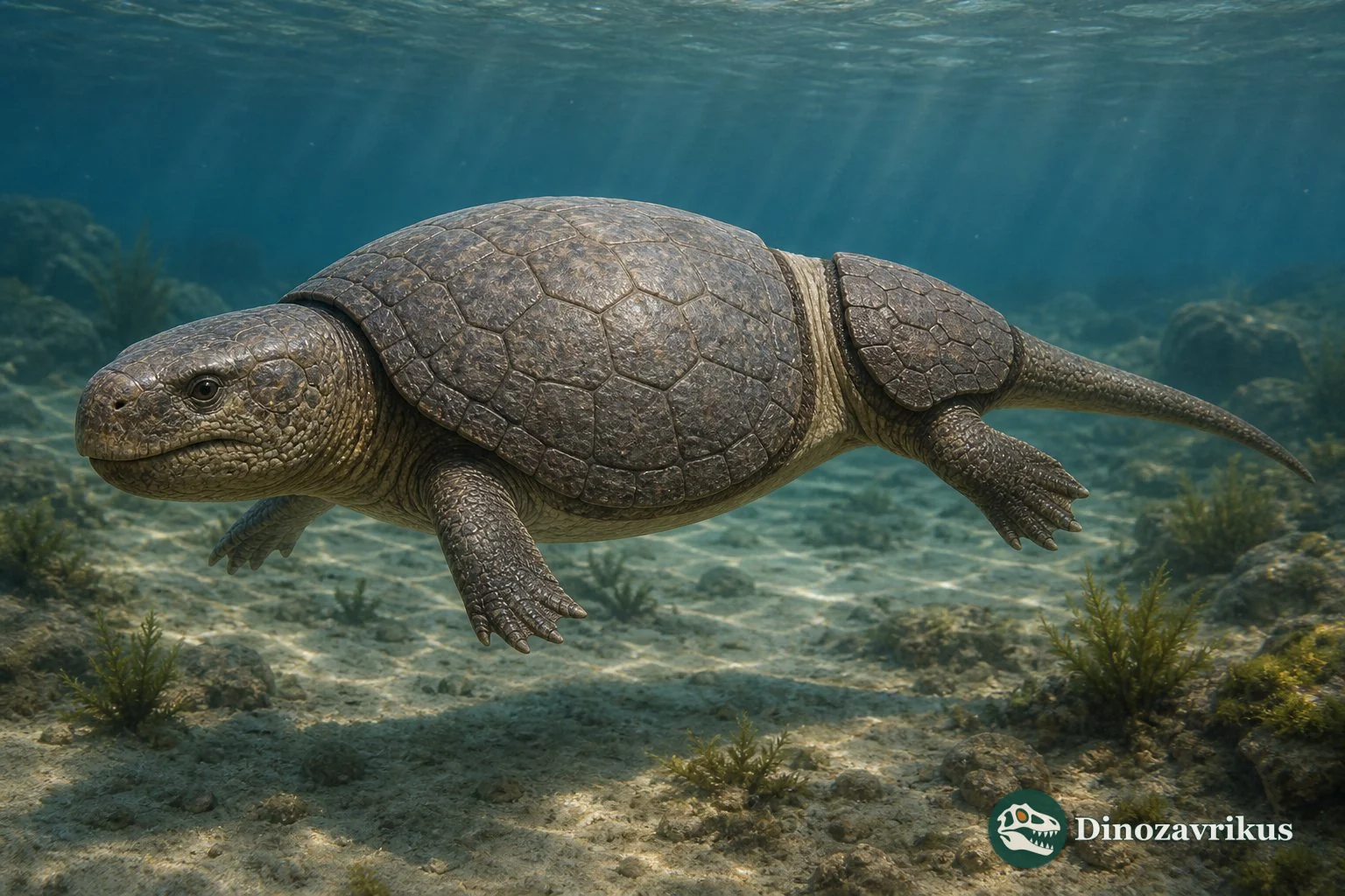 A Cyamodus placodont with dorsal armour moving over a Triassic seabed