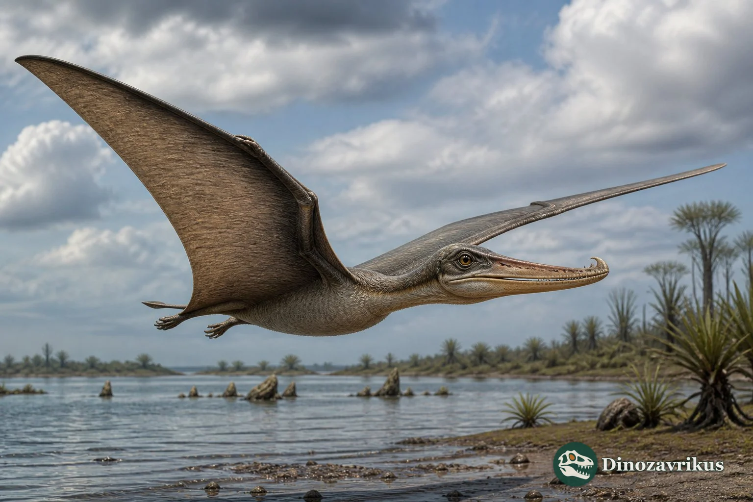 Cycnorhamphus flying over a Late Jurassic lagoon