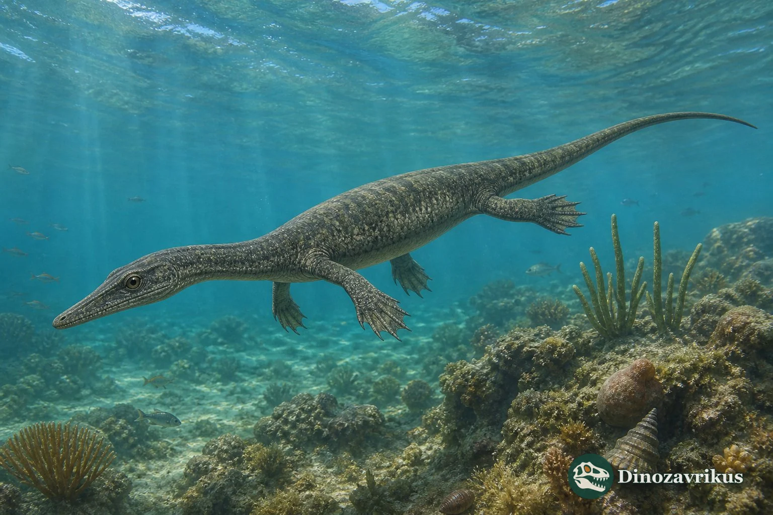 Cymatosaurus swimming in a shallow Triassic sea