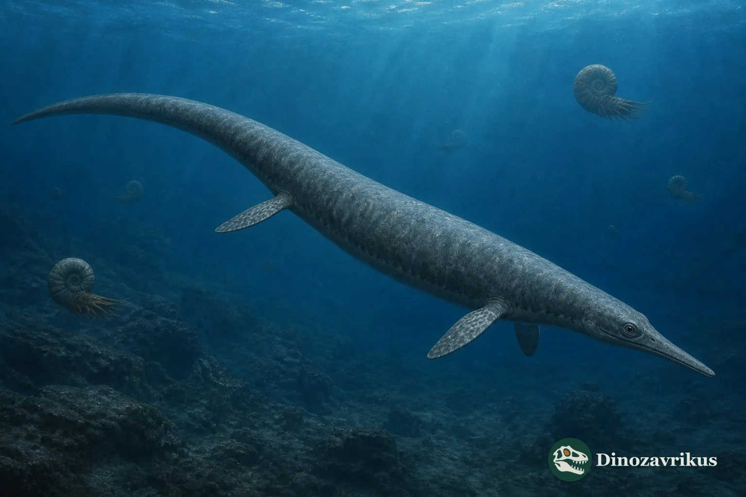 A generic Cymbospondylus ichthyosaur swimming through a Middle Triassic sea
