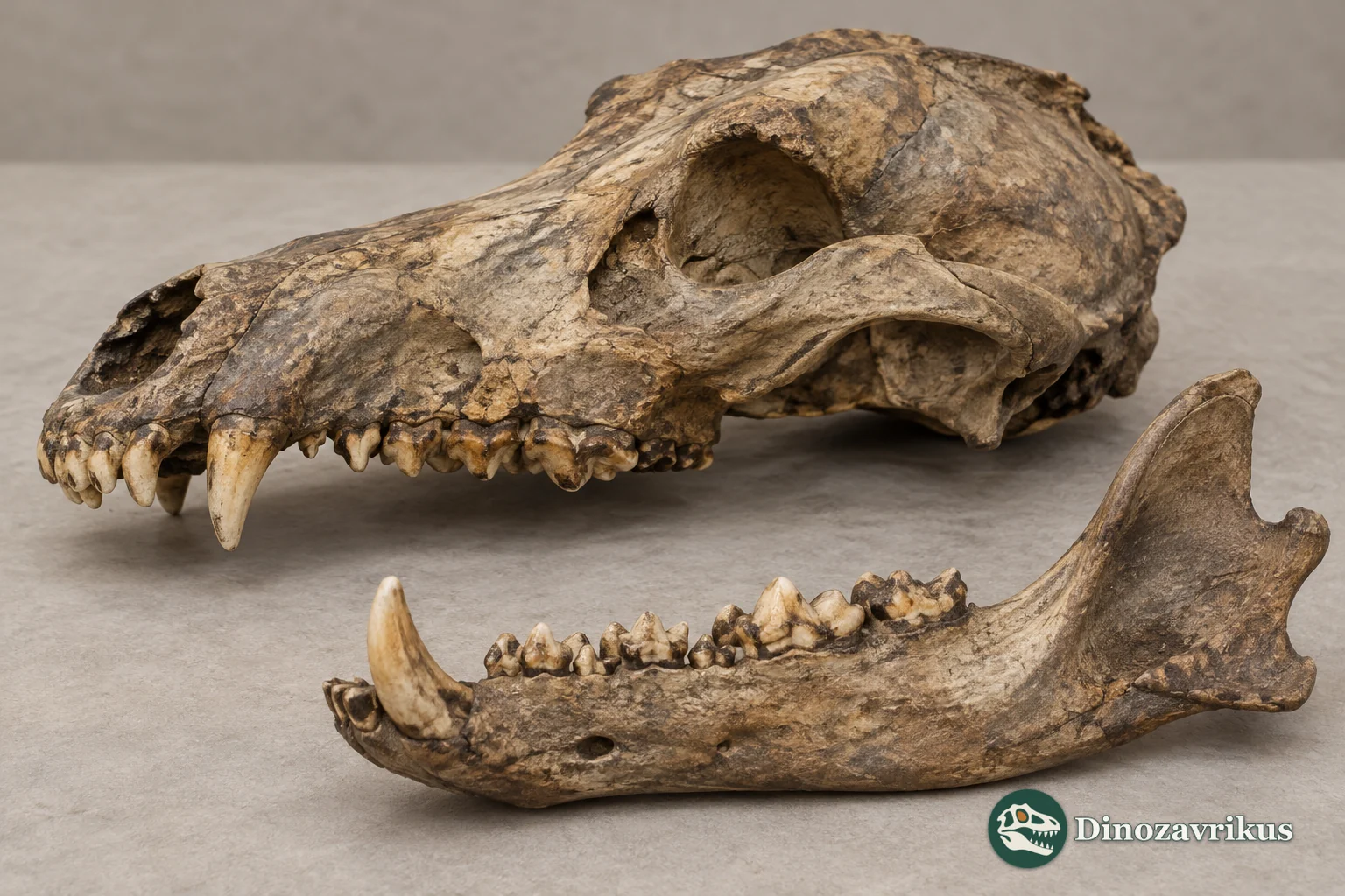 Illustrative fossil skull and jaw of a small island canid