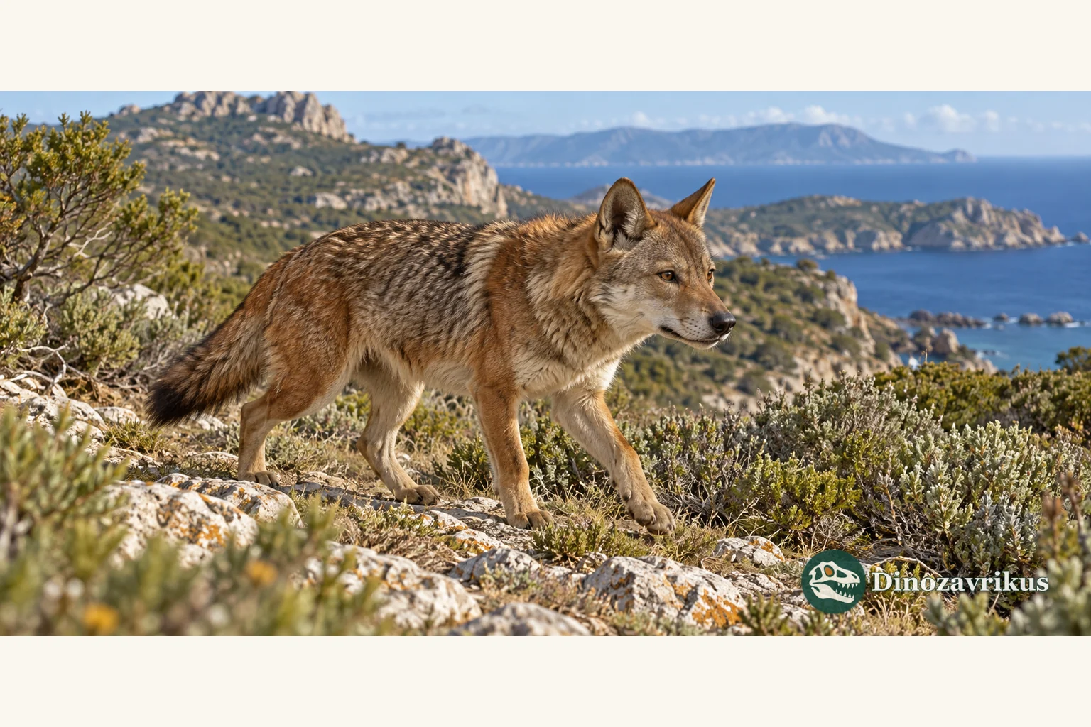 Artistic reconstruction of a small Cynotherium canid walking in Pleistocene Sardinian scrub