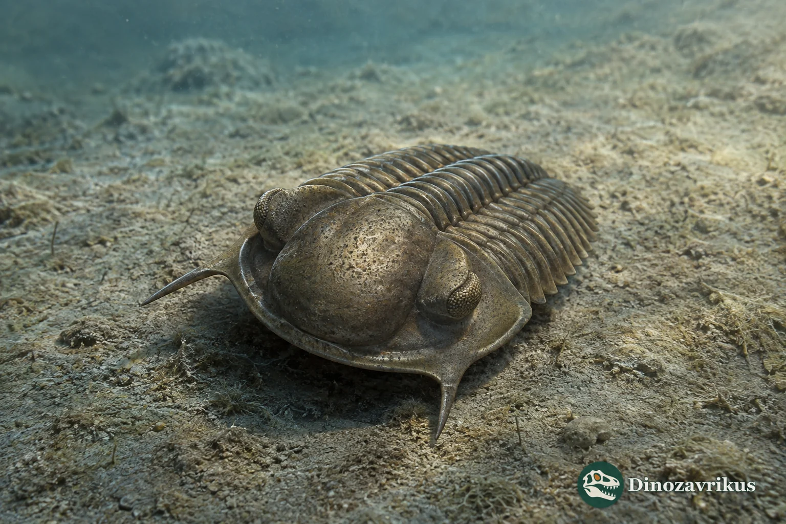 Cyphaspis trilobite with a vaulted glabella, raised eyes and long genal spines on an ancient seafloor
