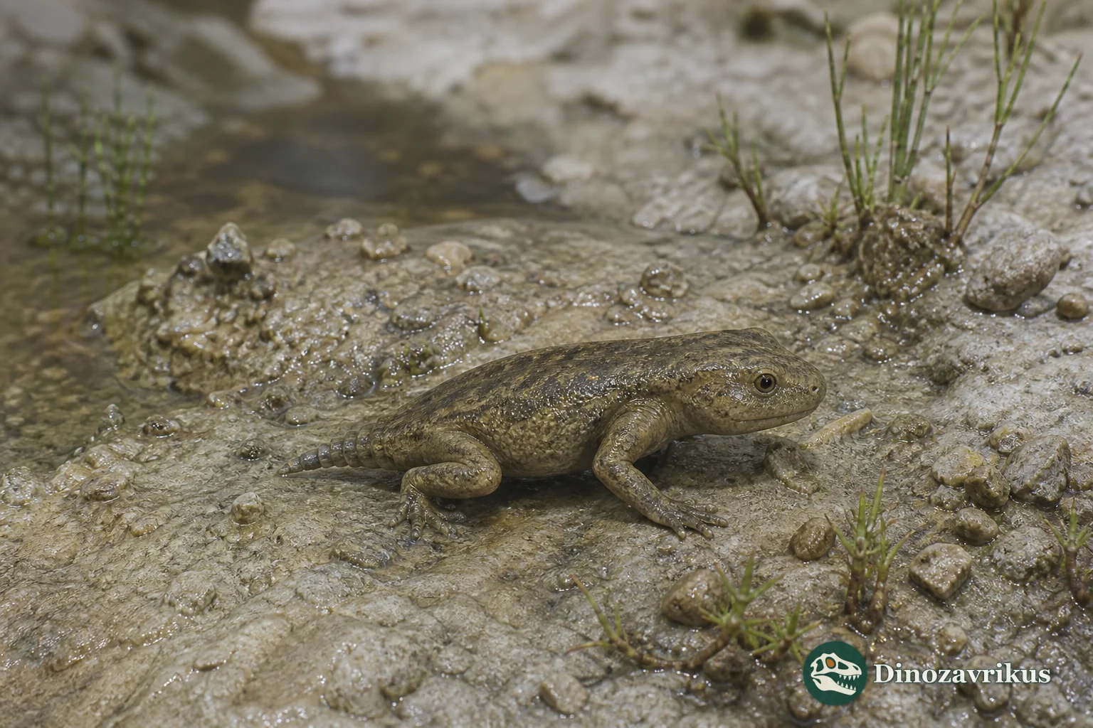 Czatkobatrachus polonicus walking on damp ground in an Early Triassic Polish landscape