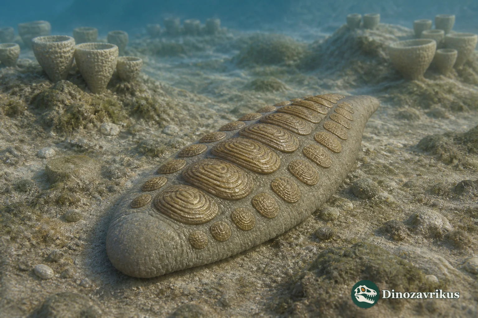 A cautious reconstruction of Dailyatia with rows of ribbed phosphatic sclerites on a shallow Cambrian seafloor