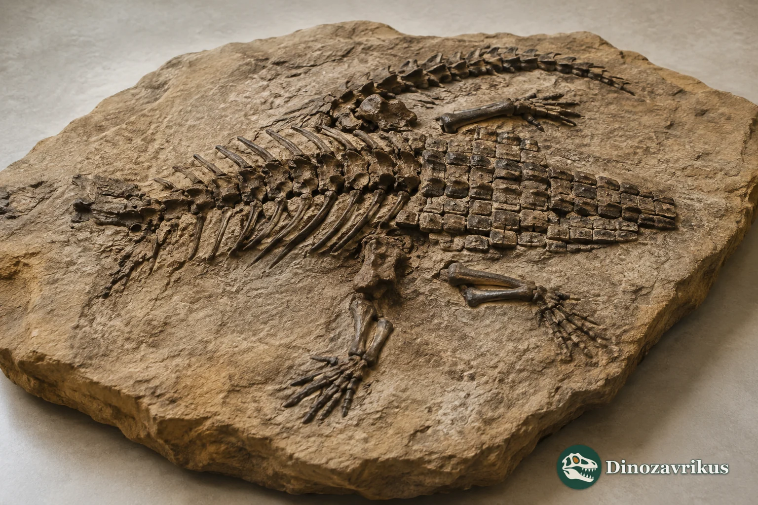 Dakotasuchus postcranial skeleton and armour preserved in a sandstone concretion, with no skull reconstruction