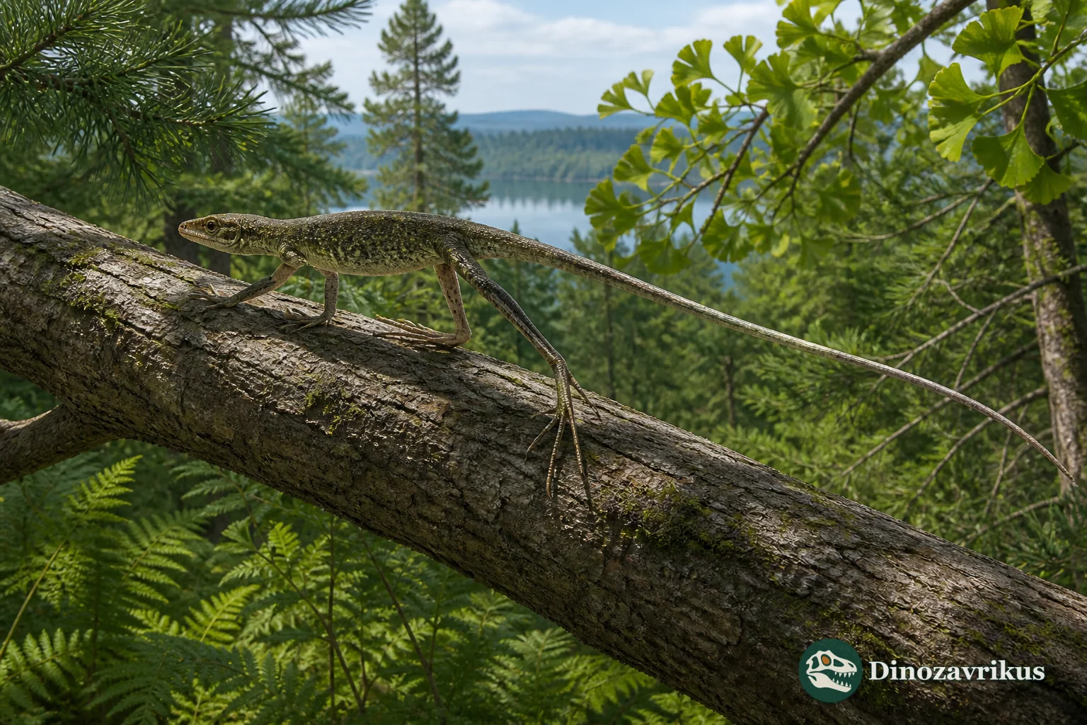 Artistic reconstruction of Dalinghosaurus longidigitus moving along a branch in the Early Cretaceous Jehol region