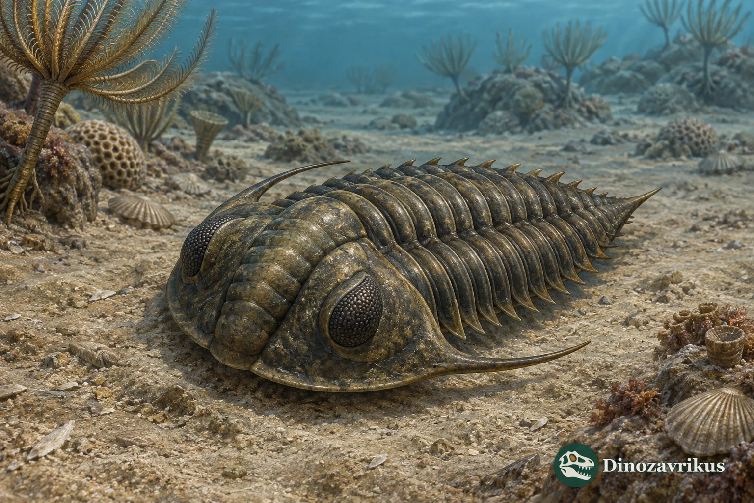 Dalmanites trilobite with large compound eyes, long genal spines and a pointed tail shield