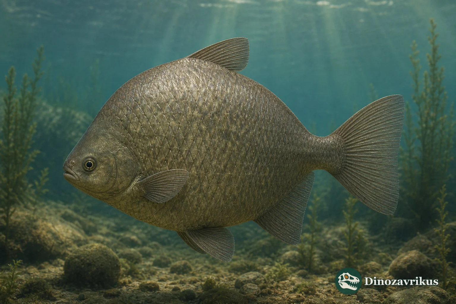 Dapedium fish moving over a Jurassic marine seabed