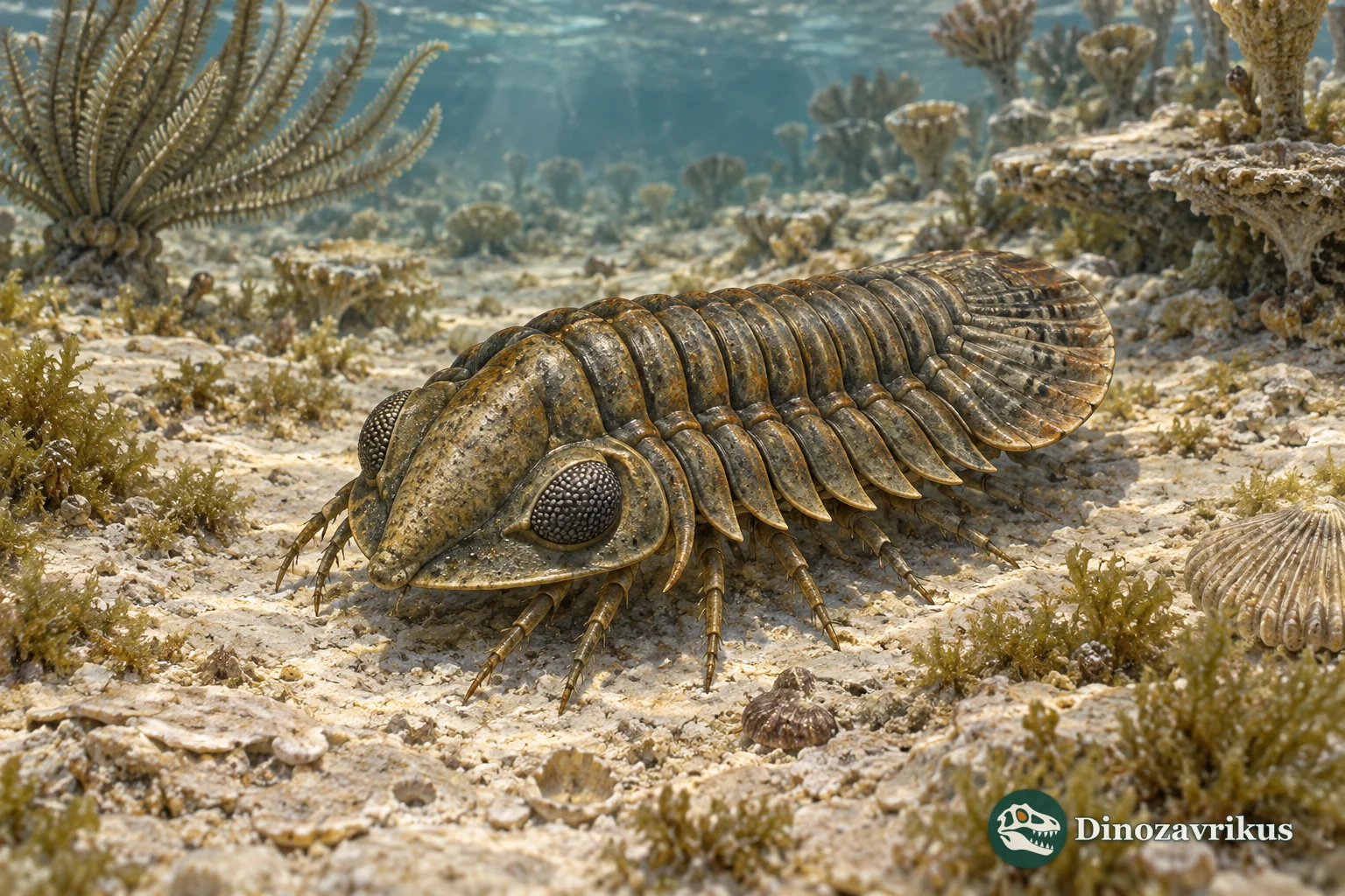 Dechenella proetid trilobite with a broad many-ringed tail shield on a Devonian seabed