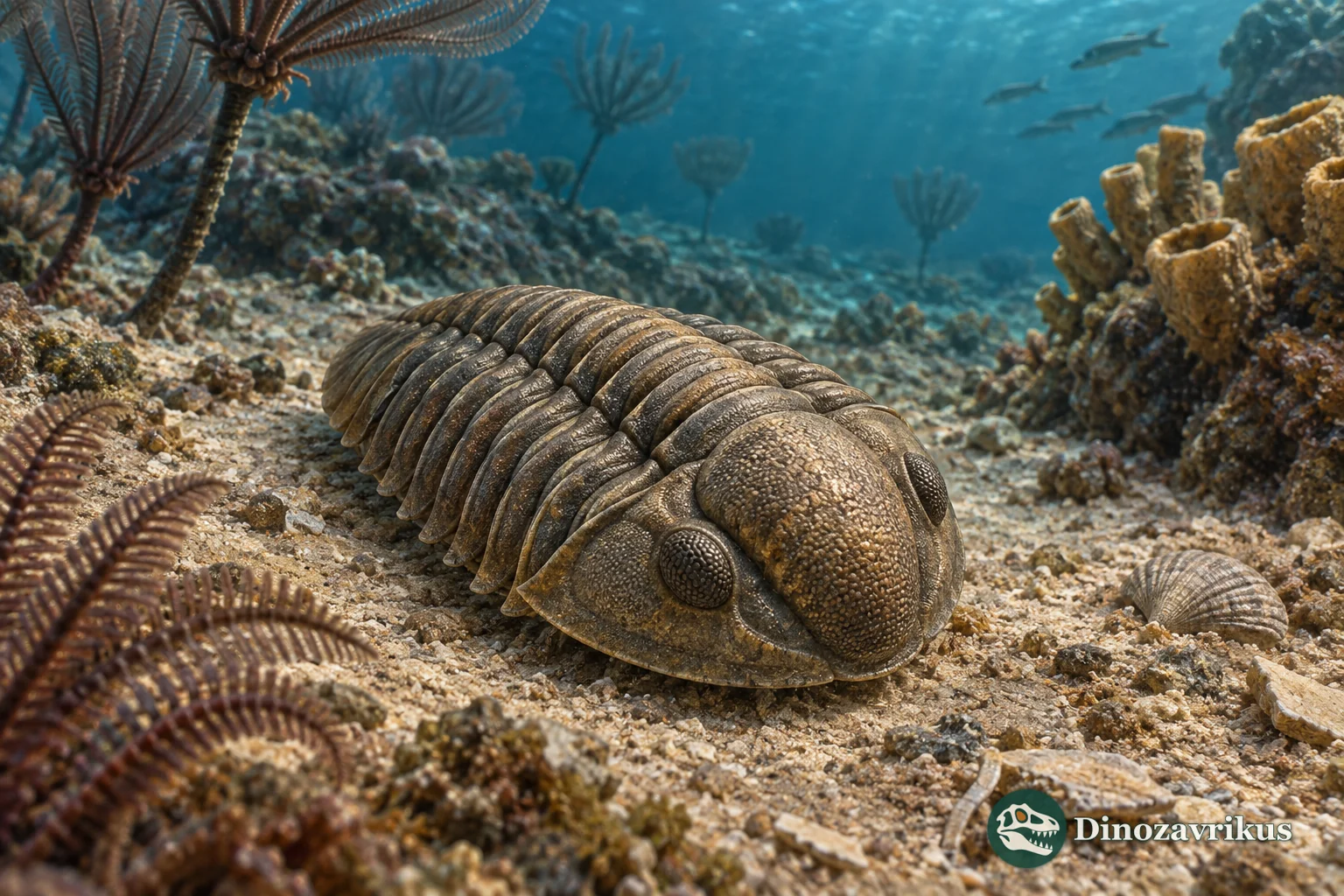 Compact Decoroproetus trilobite with a rounded outline and vaulted glabella on a Silurian sea floor