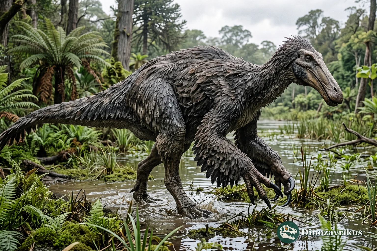 Feathered reconstruction of Deinocheirus wading across a Late Cretaceous wetland