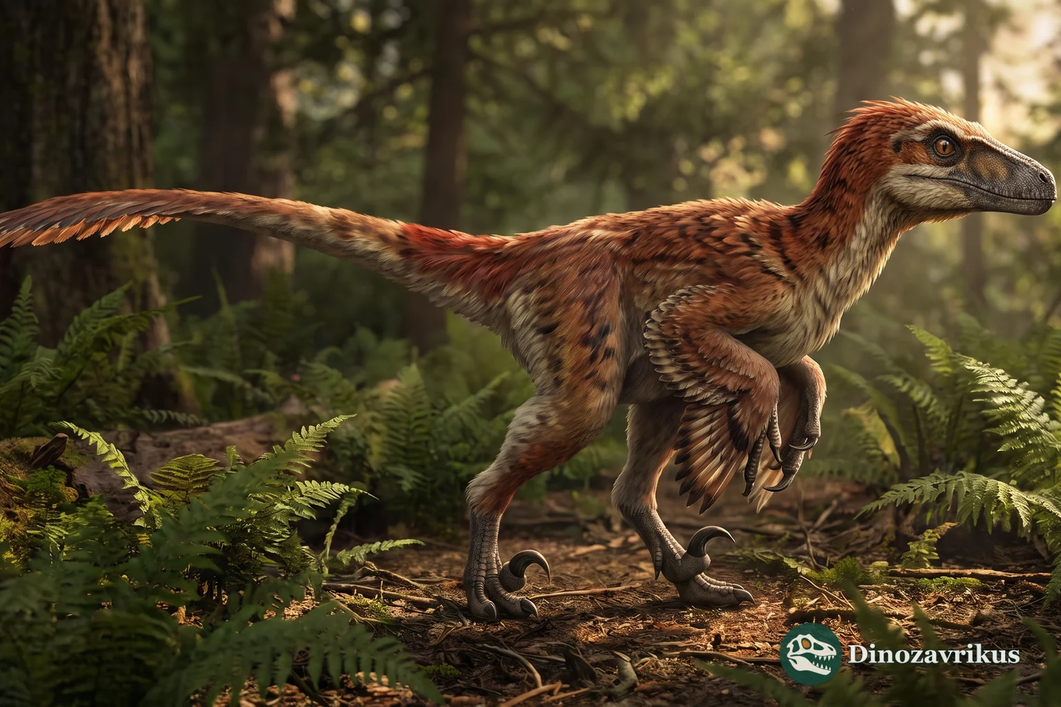 Feathered reconstruction of Deinonychus with raised sickle claws