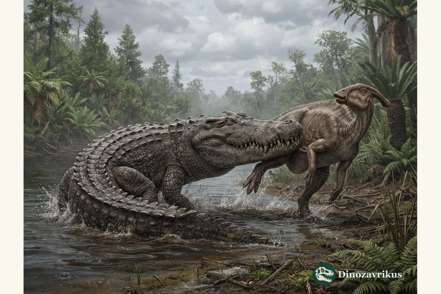 Deinosuchus reconstructed at a Late Cretaceous North American river margin