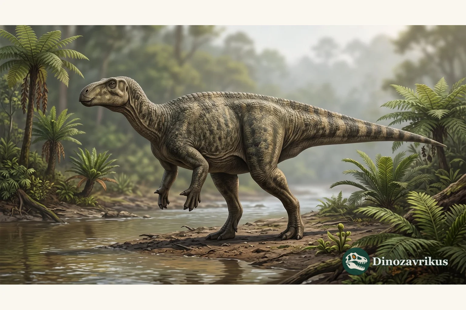 Illustrative reconstruction of a European iguanodont in an Early Cretaceous landscape