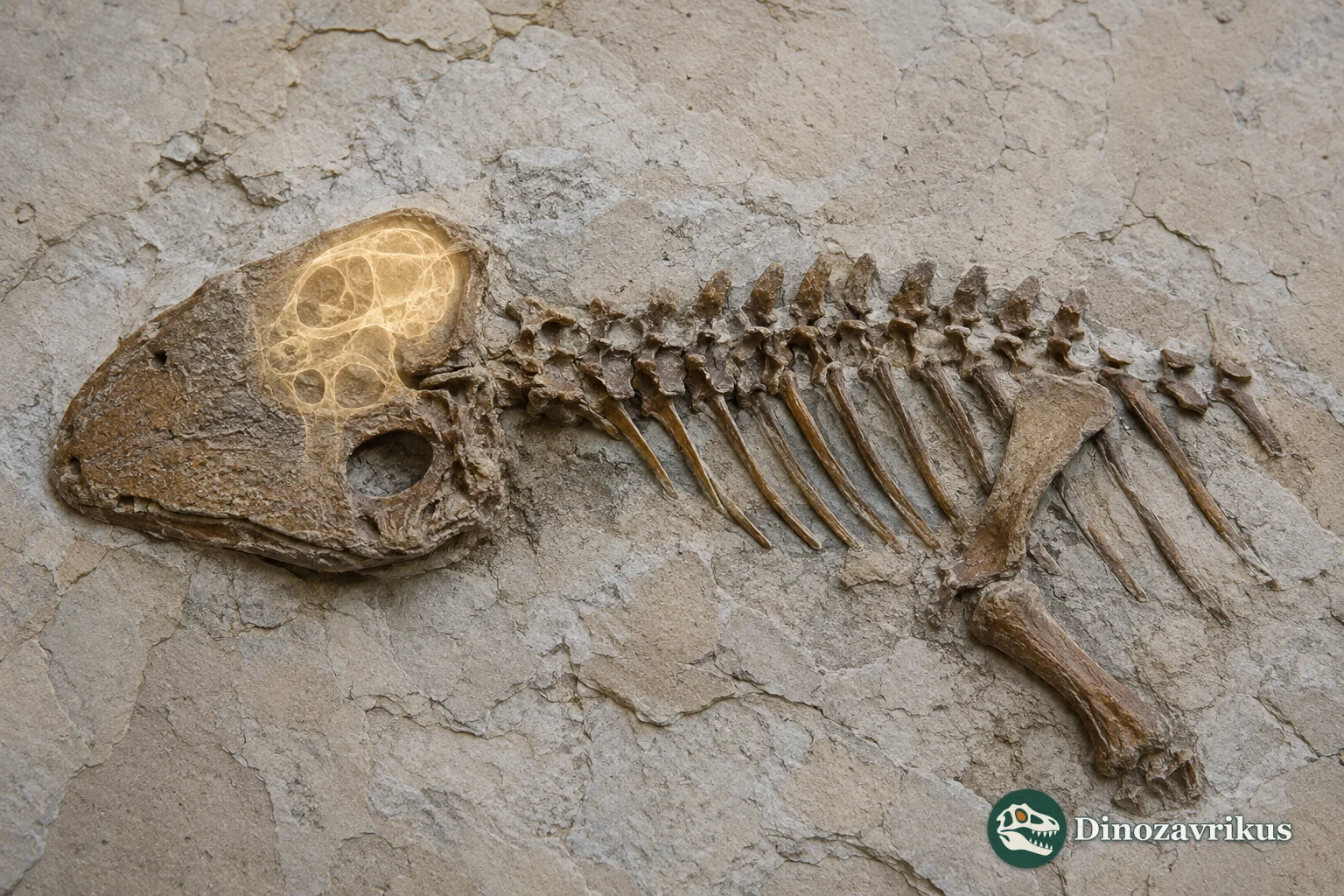 Delorhynchus cifellii skeleton preserved in limestone from Richards Spur