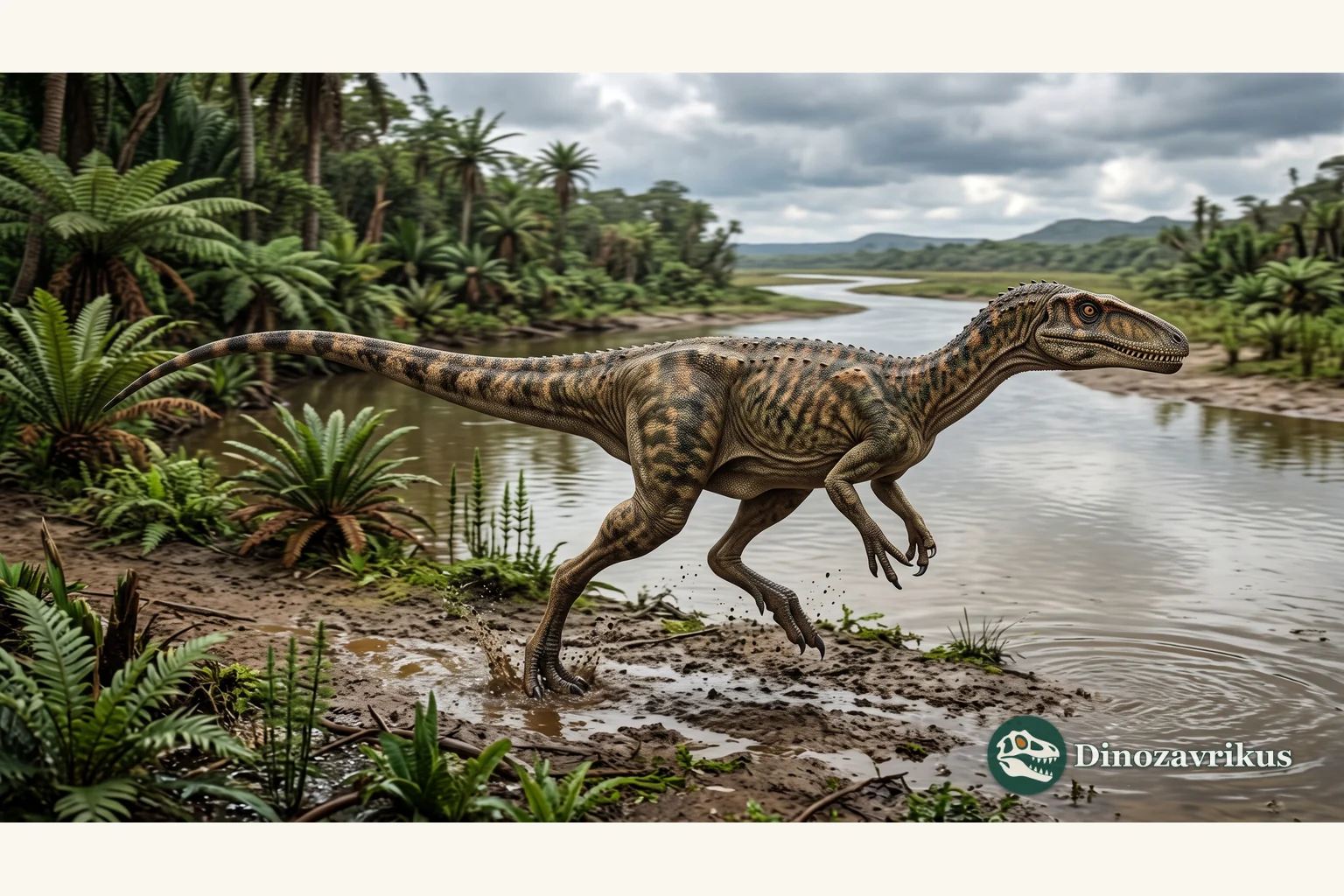 Deltadromeus reconstructed on a river floodplain in Cretaceous North Africa