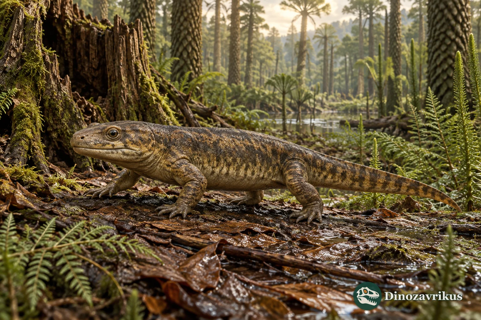 Dendrerpeton moving across the Carboniferous forest floor near a hollow tree stump