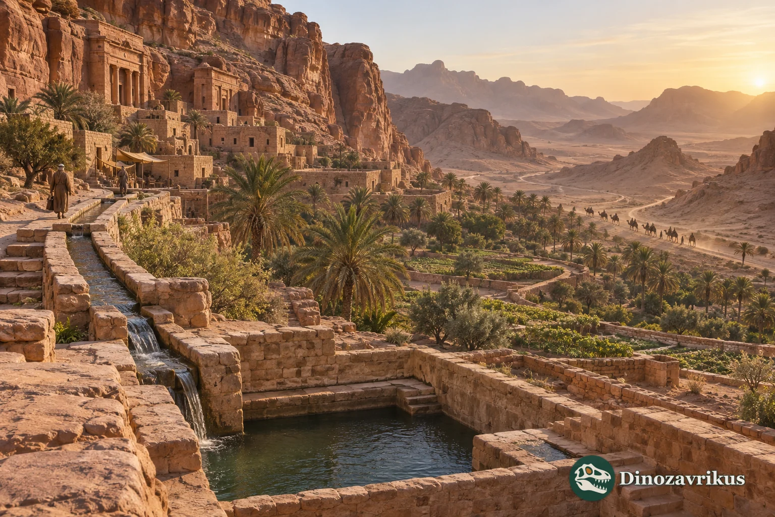 Ancient desert settlement and water channels beneath sandstone cliffs