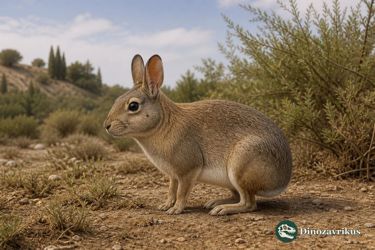 Reconstruction of Desmatolagus, an early lagomorph foraging in a dry woodland
