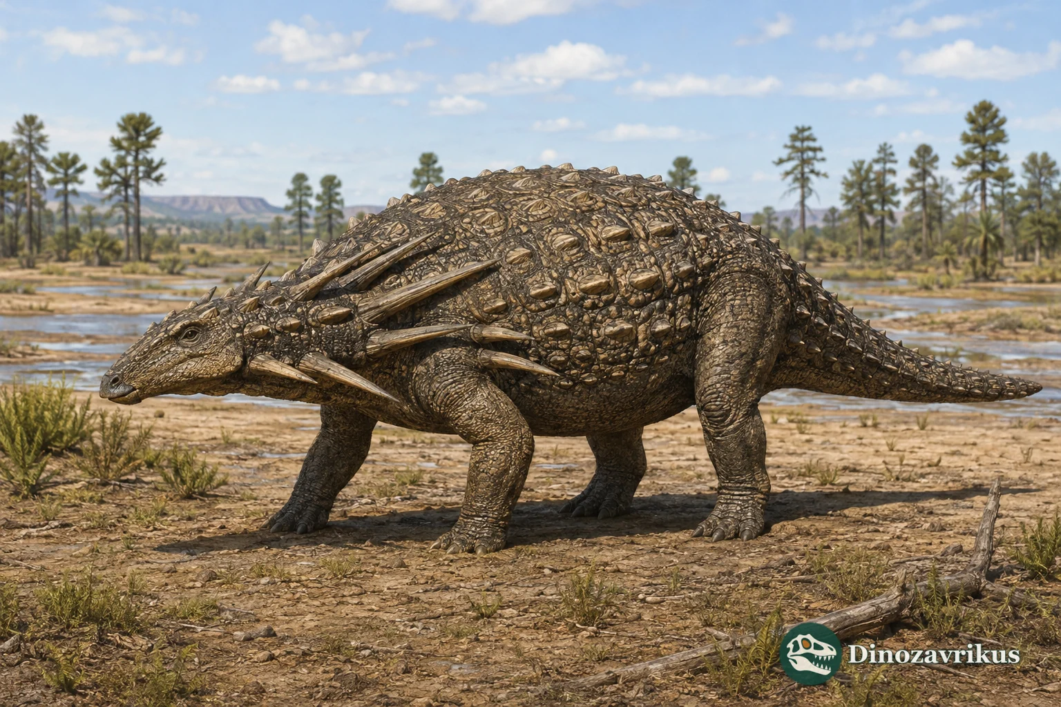 Desmatosuchus reconstructed with its broad armour and paired shoulder spikes on a Late Triassic floodplain