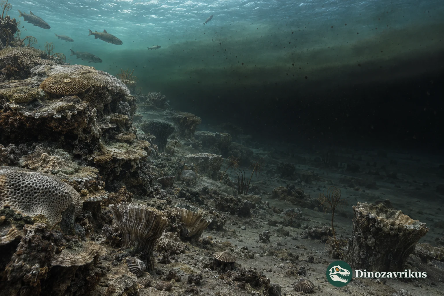 Late Devonian reef during an anoxic crisis with dark oxygen-poor bottom water