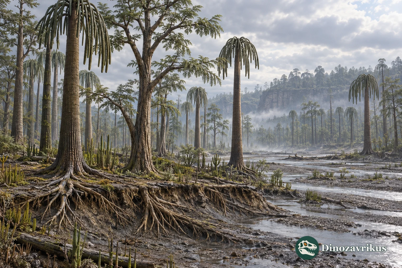 Middle Devonian forest of cladoxylopsids and early archaeopterid trees beside a branching river