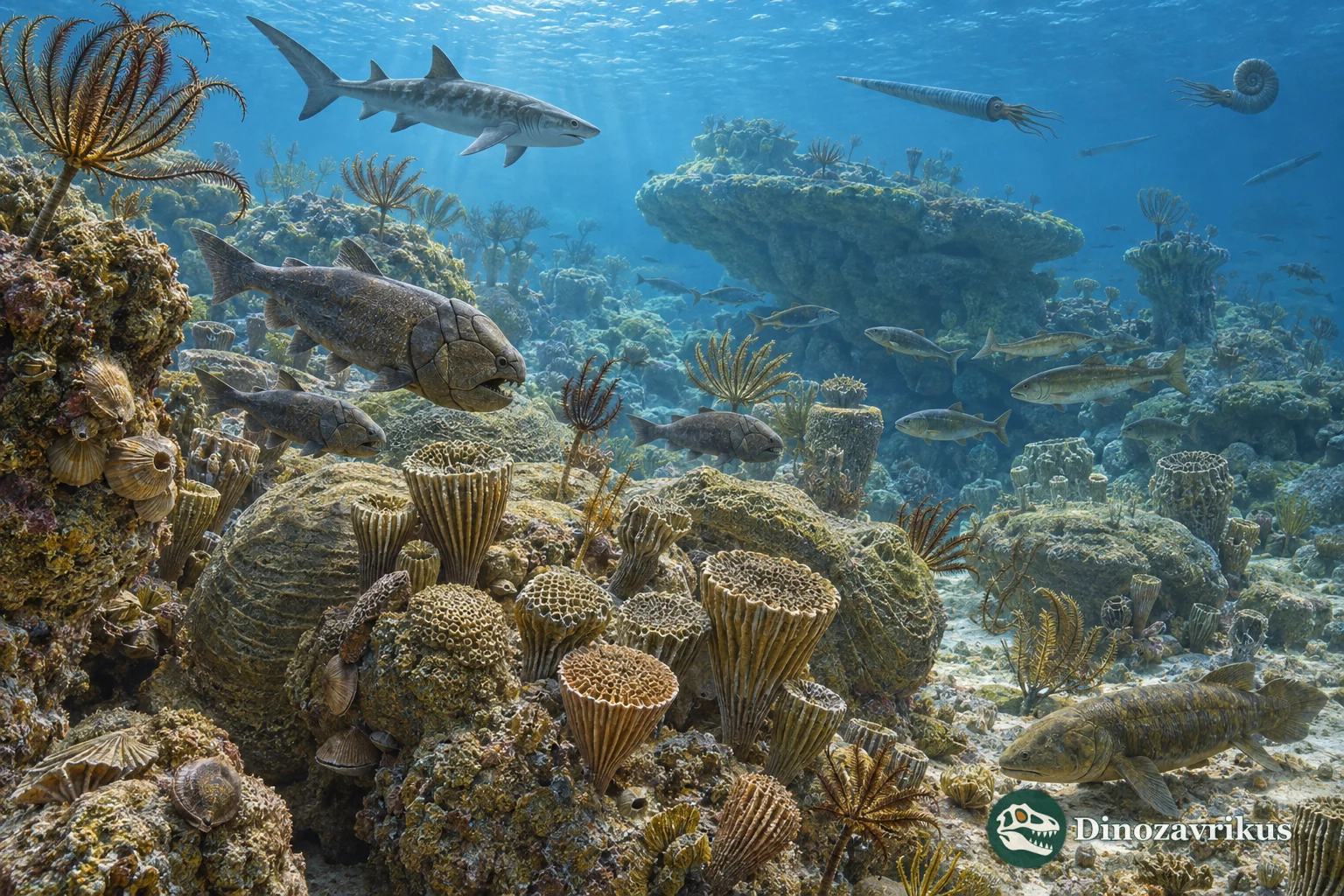 Middle Devonian reef with stromatoporoids, corals, crinoids and varied fishes