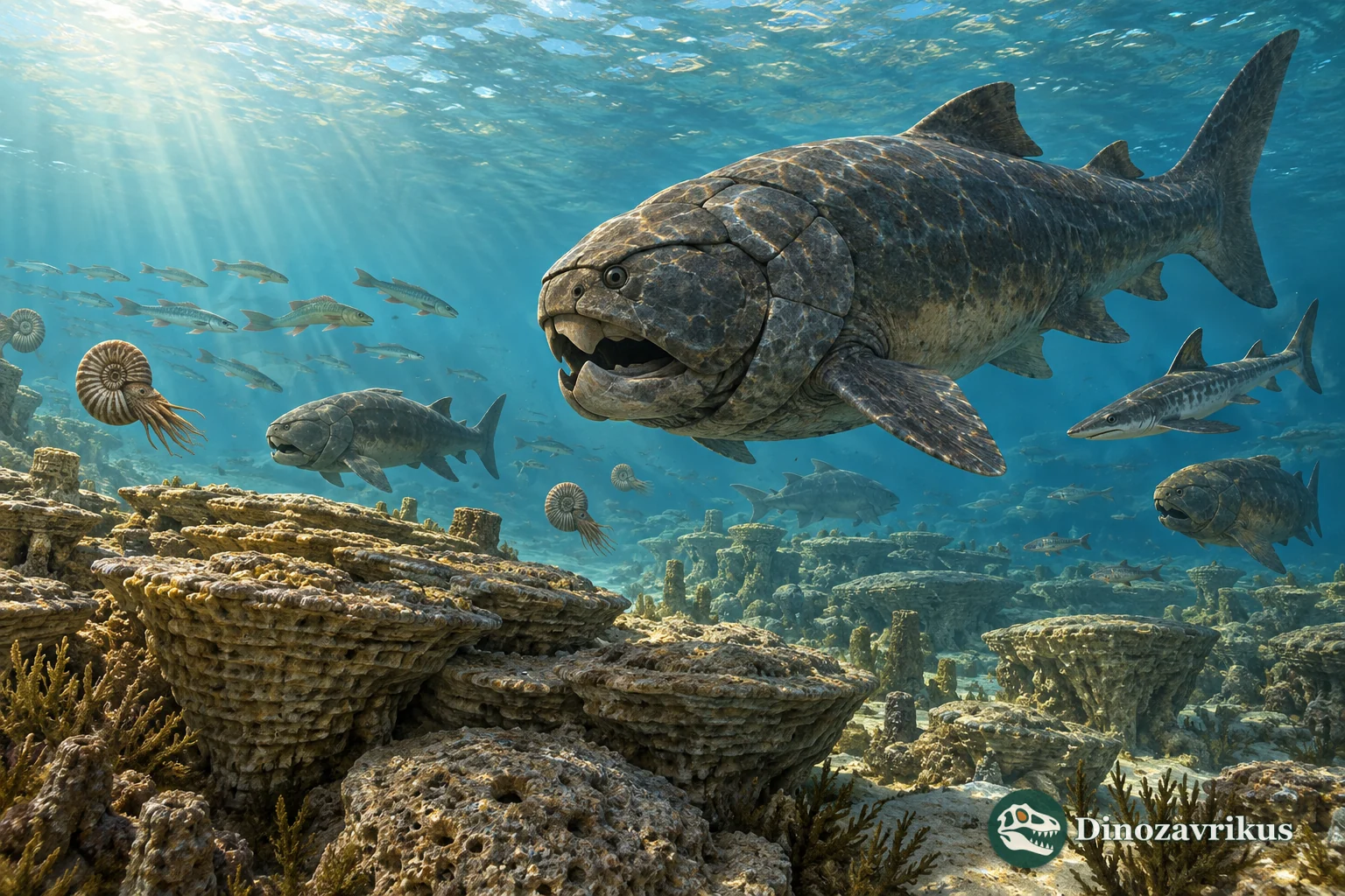 Devonian sea with placoderms, early sharks, lobe-finned fishes and reef builders