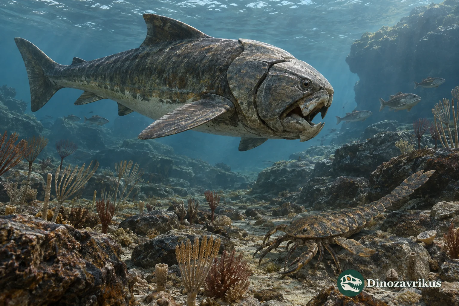 A placoderm fish swims above a Devonian eurypterid on a rocky seafloor