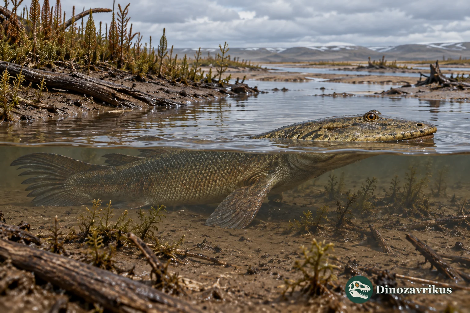 Tiktaalik in a shallow Late Devonian channel with its pectoral fin braced against the bottom