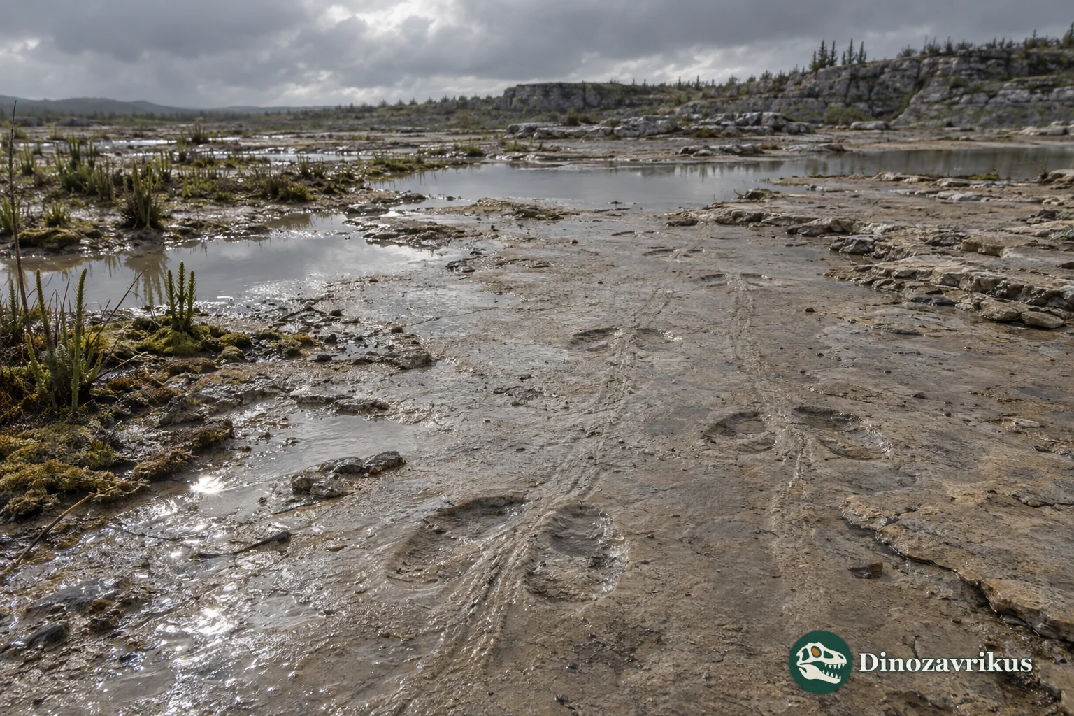 Middle Devonian track surface at Zachelmie with paired impressions in wet sediment