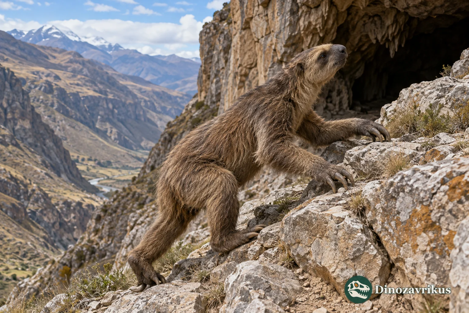 Artistic reconstruction of Diabolotherium climbing rocks near an Andean cave