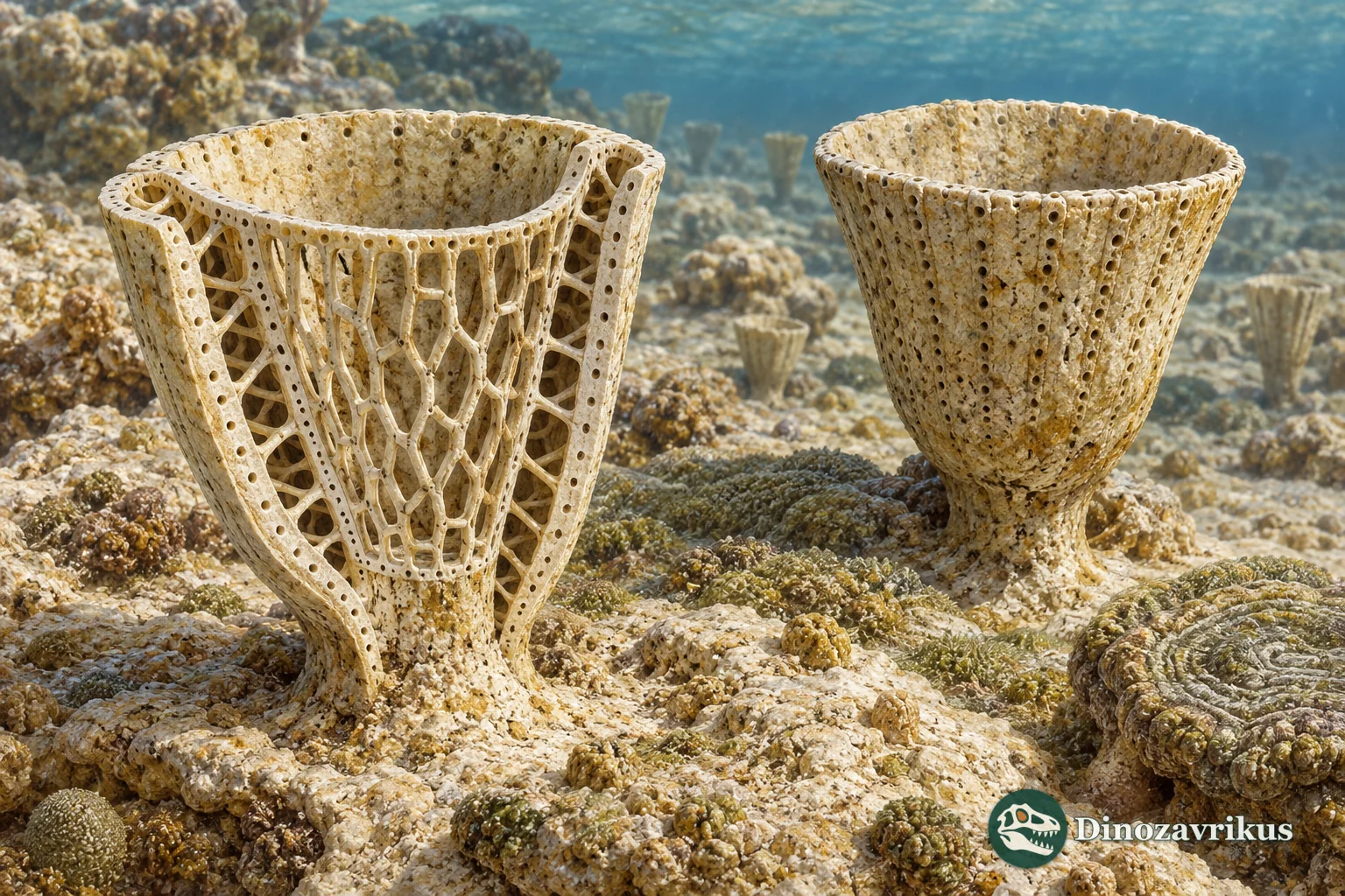 Two fossil-based Dictyocyathus cups, one cut away to show the reticulate skeleton between its walls