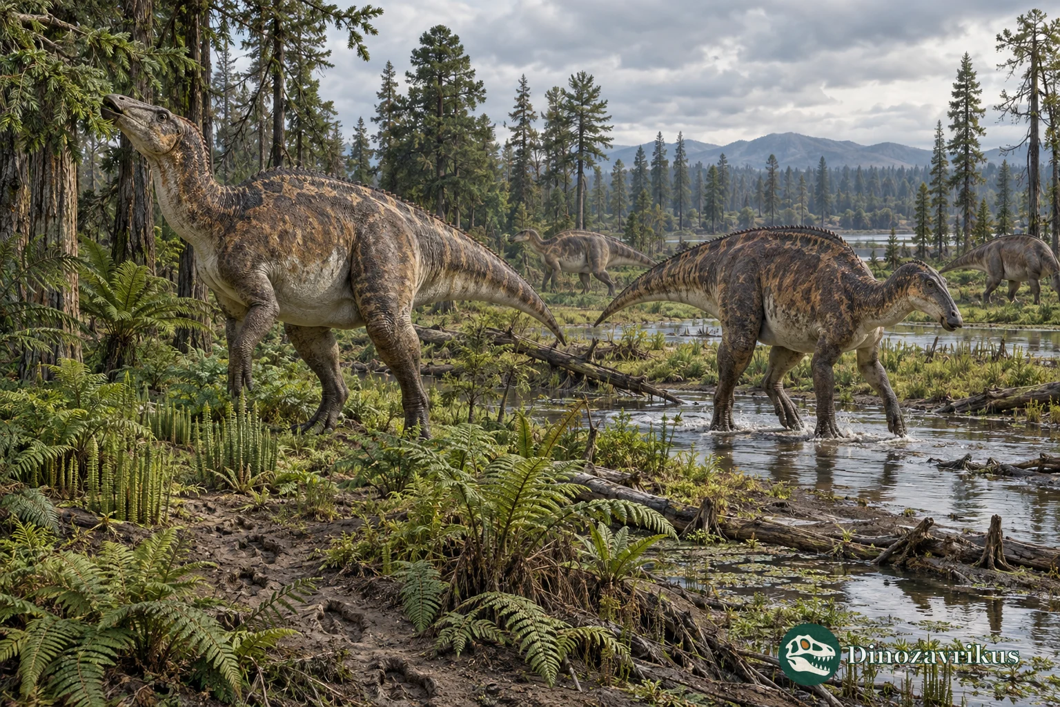 Artistic reconstruction of hadrosaur-like herbivores moving through a Cretaceous floodplain mosaic